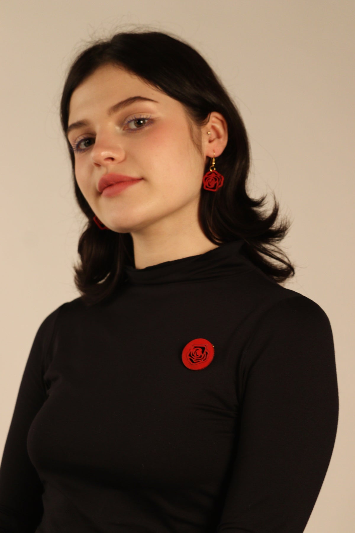 Model wearing RED ROSE BUD - BROOCH